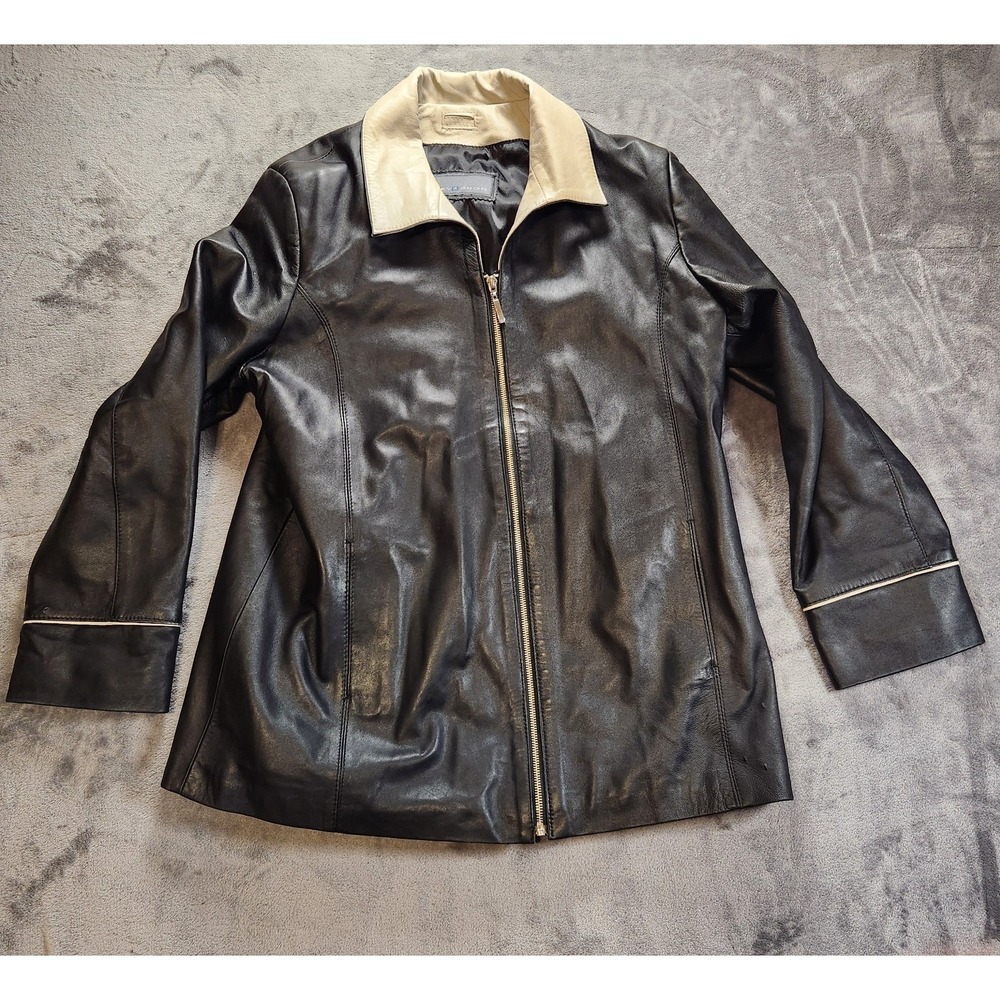 Chevignon Jacket Womens XL Black White Leather Two Tone Contrast Car Coat VTG